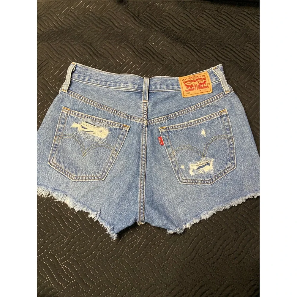 Levis 501 Original Distressed Denim Shorts Blue High Rise W27